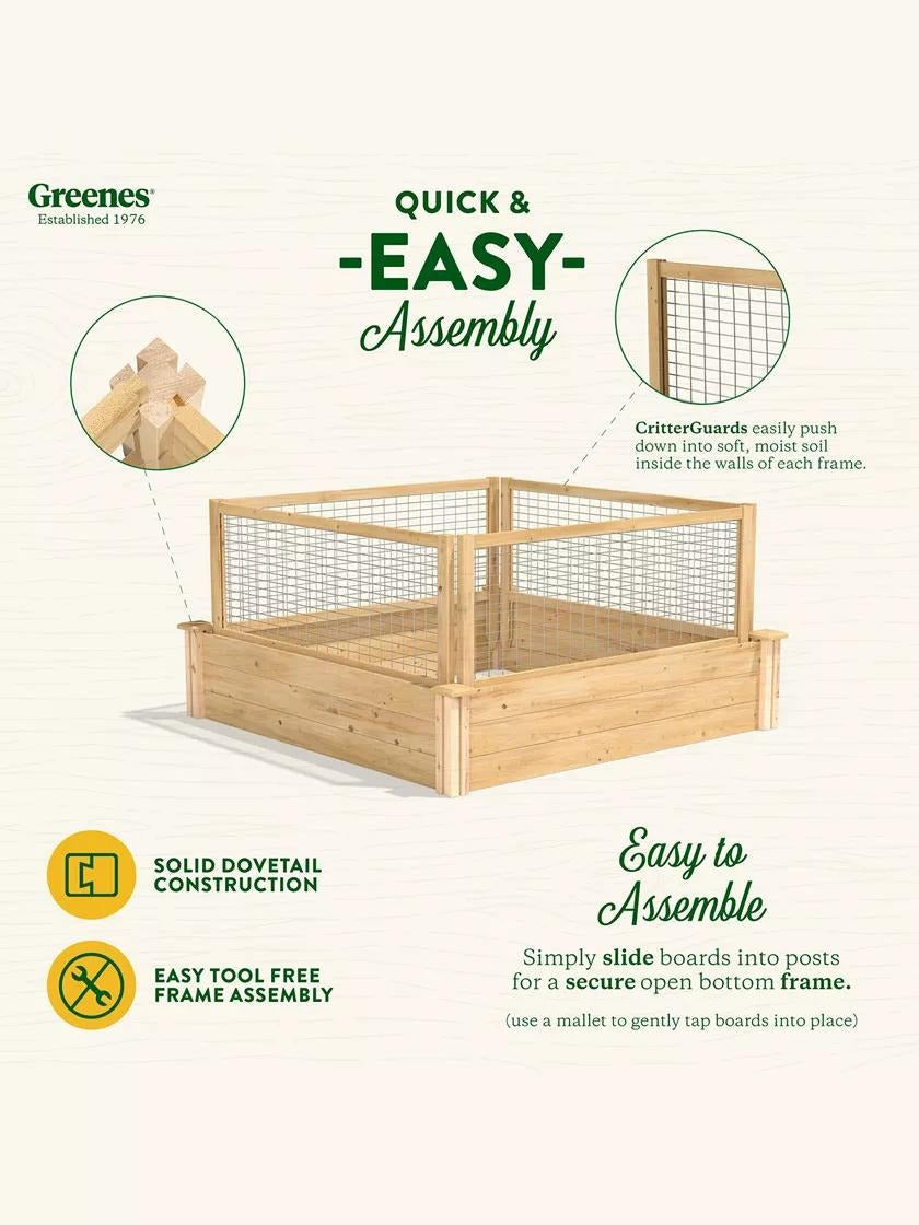 Cedar Raised Bed with CritterGuard Fence, 4' x 4' x 10-1/2"
